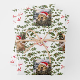 Christmas Pine Branch Puppy Trail Wrapping Paper Sheet