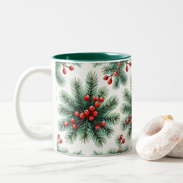 Christmas Pine Branch & Red Berries Mug | Festive  (With Donut)