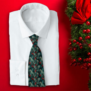 Christmas Pine Branches and Red Berries Holiday Tie