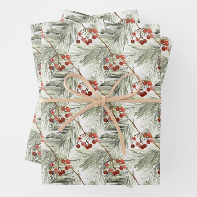 Christmas Pine Branches and Red Berries  Wrapping Paper Sheet (In situ)