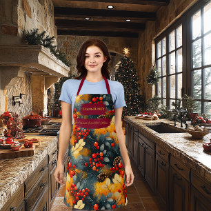 Christmas - Pine Branches, Red Berries, Pinecones Apron
