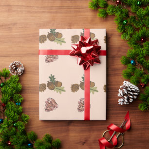 Christmas Pine Cone & Branches Green Pink Patterns Wrapping Paper
