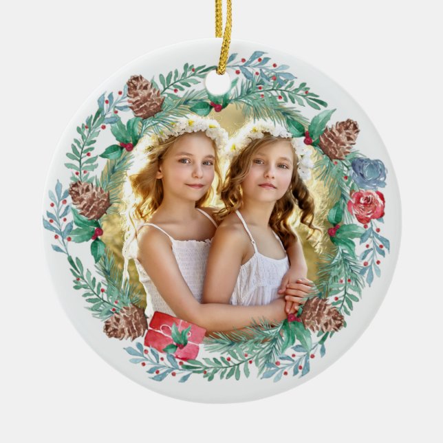 Christmas Pine Cone Wreath Double Sided Photo Ceramic Tree Decoration (Front)