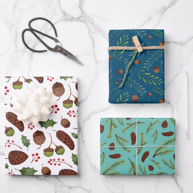 Christmas Pine Cones and Branches Watercolor Wrapping Paper Sheet (Front)
