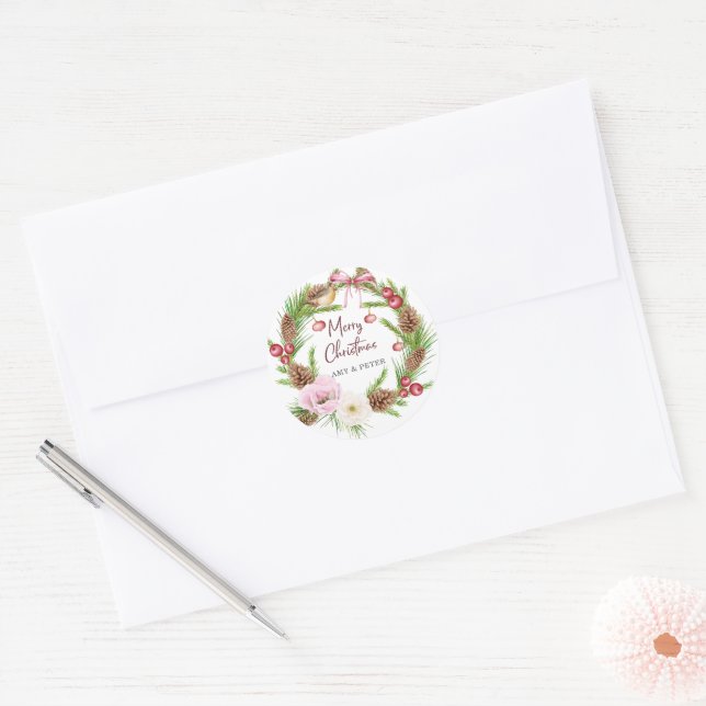 Christmas Pine Cones Berries Greenery Wreath Classic Round Sticker (Envelope)