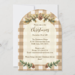 Christmas Pine Cones Branches Brown Gingham Arch Invitation