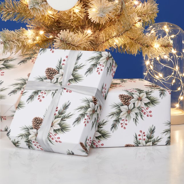 Christmas Pine Cones Branches flowers holly berry Wrapping Paper (Holidays)