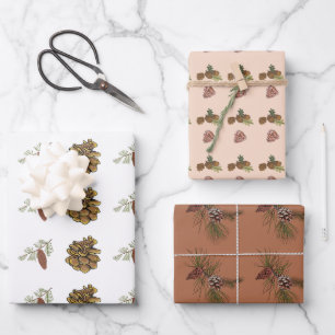 Christmas Pine Cones & Branches Red Pink Patterns Wrapping Paper Sheet