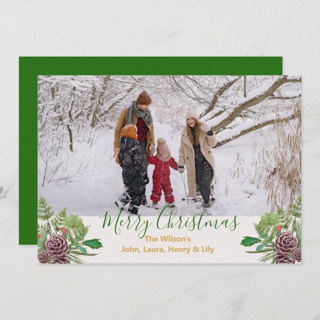 Christmas Pine Cones Family Photo Holiday Card (Front/Back)