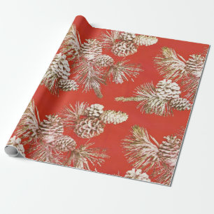 Christmas Pine Cones Gold Glitter Red Wrapping Paper