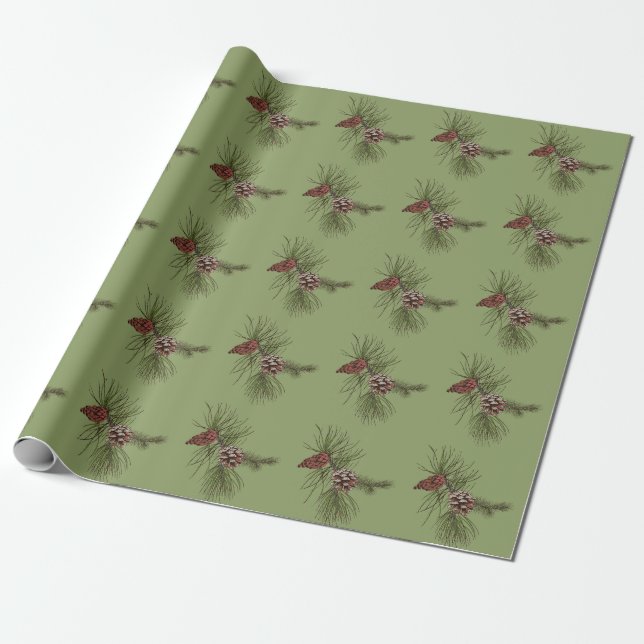 Christmas Pine Cones Green Branches Trees Patterns Wrapping Paper (Unrolled)