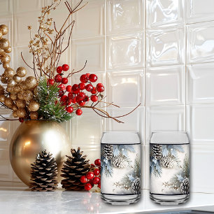 Christmas Pine Cones Holly Pine Branch Snow  Can Glass