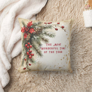 Christmas Pine Cones Holly Red Berries Cushion