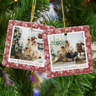 Christmas Pine Cones Red Pattern Family Photos Ceramic Ornament