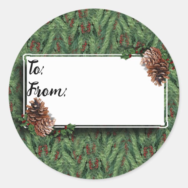Christmas Pine Cones w/Tag Classic Round Sticker (Front)