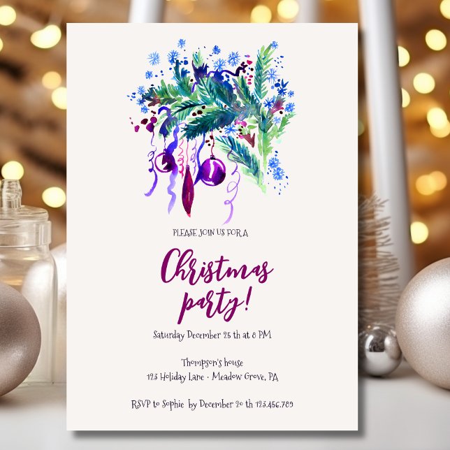 Christmas pine decoration violet balls party invitation (Creator Uploaded)