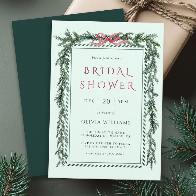 Christmas Pine Garland Bridal Shower Light Green Invitation (Creator Uploaded)