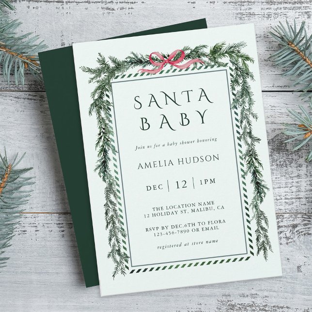 Christmas Pine Garland Santa Baby Shower Mint Blue Invitation (Creator Uploaded)