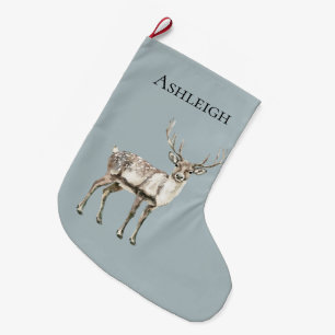 Christmas Pine Green Rustic Deer Name Large Christmas Stocking