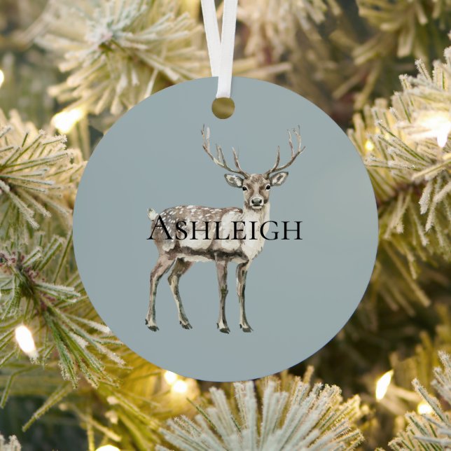 Christmas Pine Green Rustic Deer Name Metal Tree Decoration (Insitu)