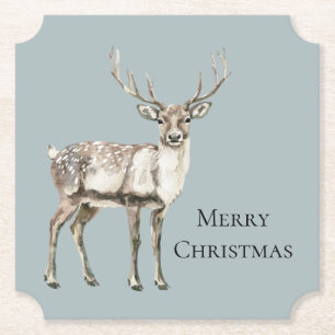 Christmas Pine Green Rustic Deer  Paper Coaster