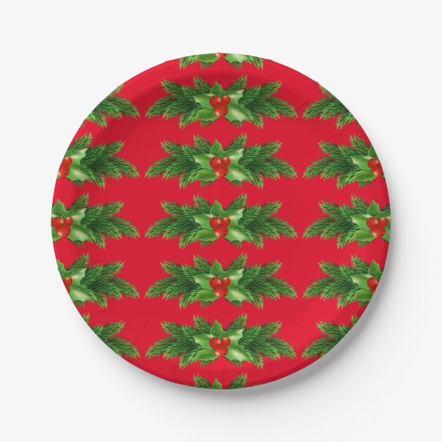 Christmas Pine Holly and Berries Paper Plates (Front)