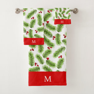 Christmas Pine Leaves and Berries on Monogrammed Bath Towel Set