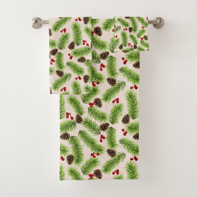 Christmas Pine Leaves, Cones and Berries on Beige Bath Towel Set (Insitu)