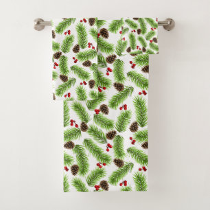 Christmas Pine Leaves, Cones and Berries on White Bath Towel Set
