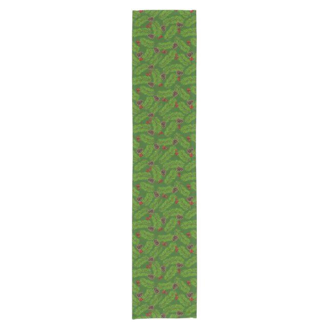 Christmas Pine Leaves, Cones & Berries on Green Short Table Runner (Front)