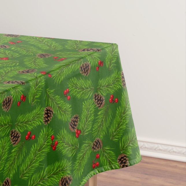 Christmas Pine Leaves, Cones & Berries on Green Tablecloth (In Situ)