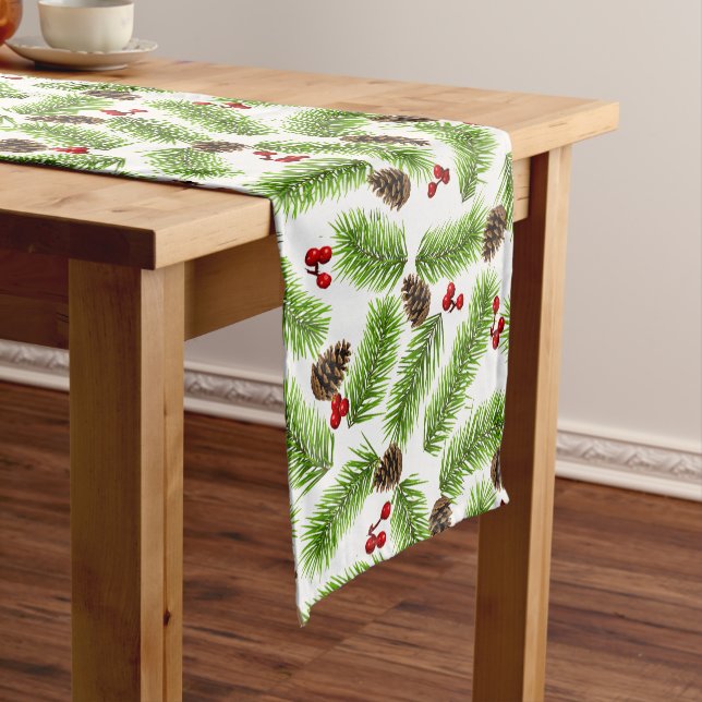 Christmas Pine Leaves, Cones & Berries on White Short Table Runner (In Situ)