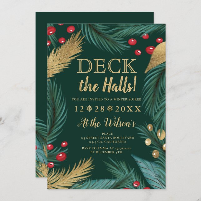 Christmas pine mistletoe gold chic deck the halls invitation (Front/Back)