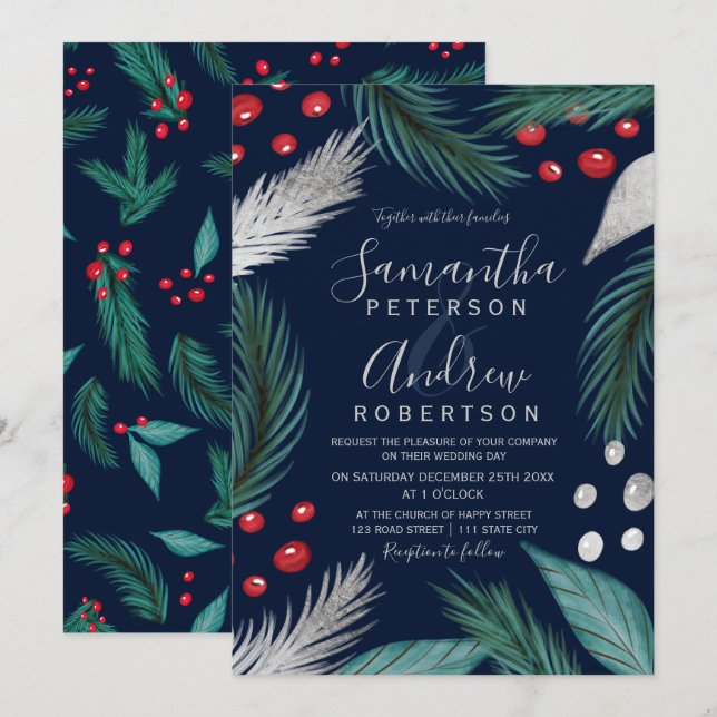 Christmas pine mistletoe silver navy wedding invitation (Front/Back)