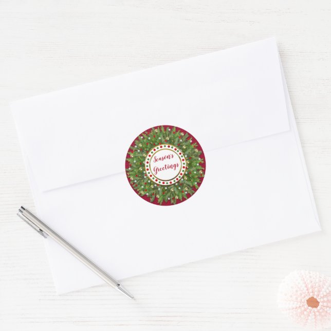 Christmas Pine Needle Decorated Wreath Classic Round Sticker (Envelope)