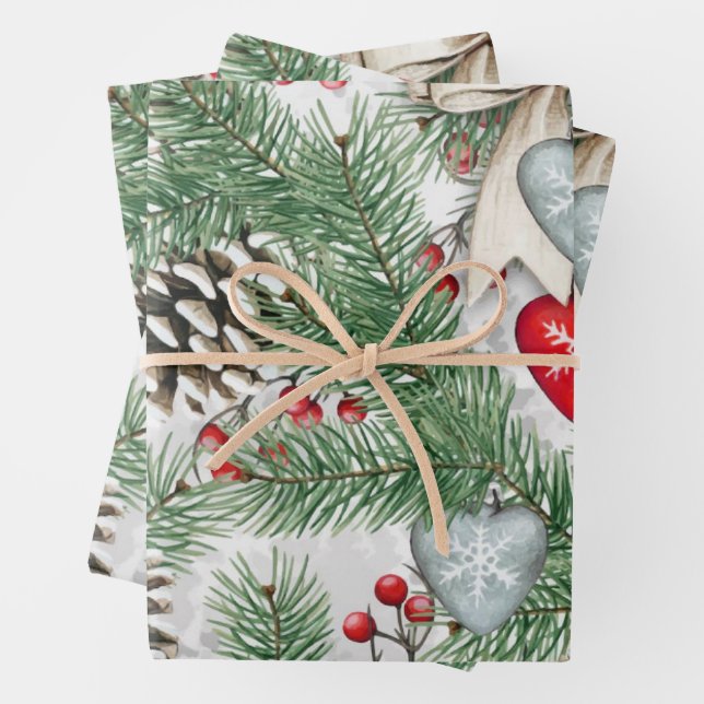 Christmas Pine Needles and Snowy Pine Cones Wrapping Paper Sheet (In situ)