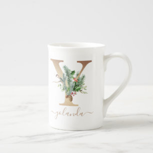 Christmas Pine Red Berries Gold Monogram Y Bone China Mug