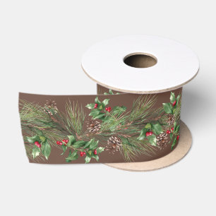 Christmas Pine Stems and Holly Berries Satin Ribbon