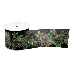 Christmas Pine Stems and Holly Berries Satin Ribbon