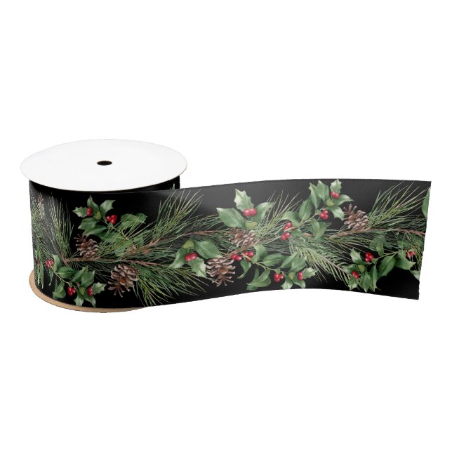 Christmas Pine Stems and Holly Berries Satin Ribbon (Spool)