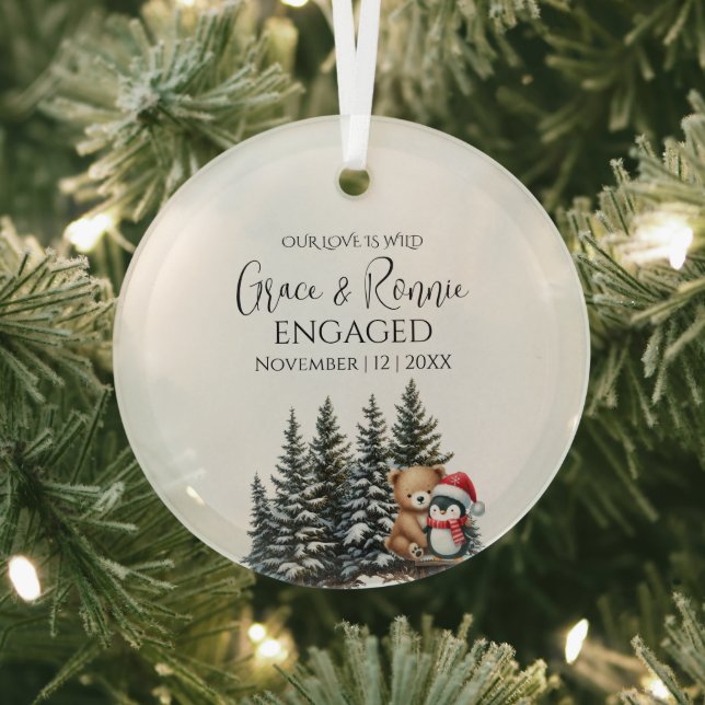 Christmas Pine Tree Bear Penguin Couple Engagement Glass Tree Decoration (Insitu)