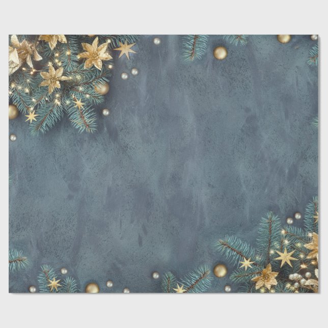 Christmas PIne Tree Branches,Flowers,Stars Wrapping Paper (Flat)