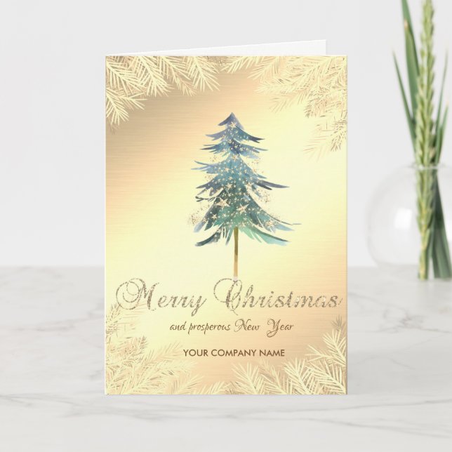 Christmas Pine Tree,Branches,Gold ,Corporate Holiday Card (Front)