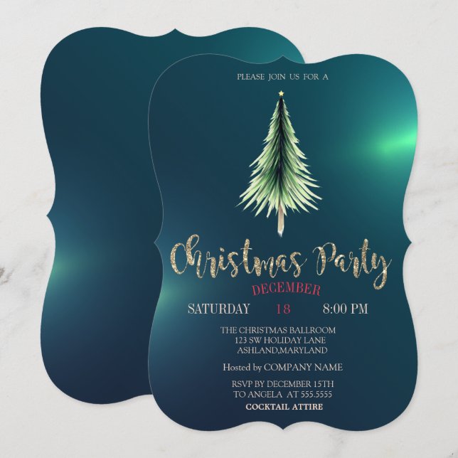 Christmas Pine Tree,Chic Green Christmas Company Invitation (Front/Back)