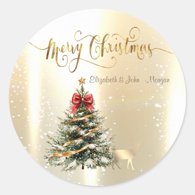 Christmas Pine Tree,Christmas Gold Reindeer  Classic Round Sticker (Front)