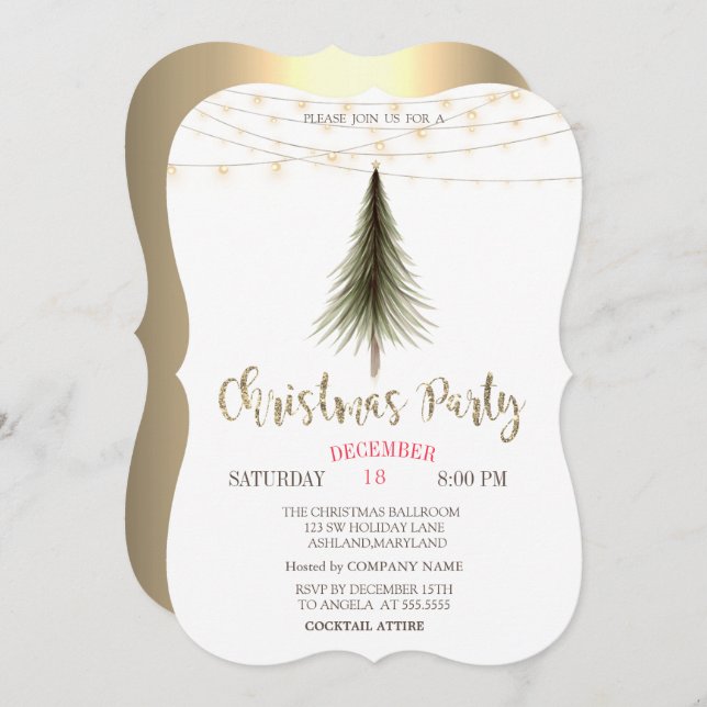 Christmas Pine Tree,Lights Gold Christmas Party  Invitation (Front/Back)