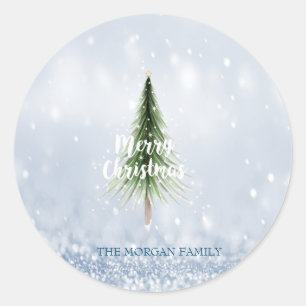 Christmas Pine Tree Merry Christmas Blue Holiday Classic Round Sticker