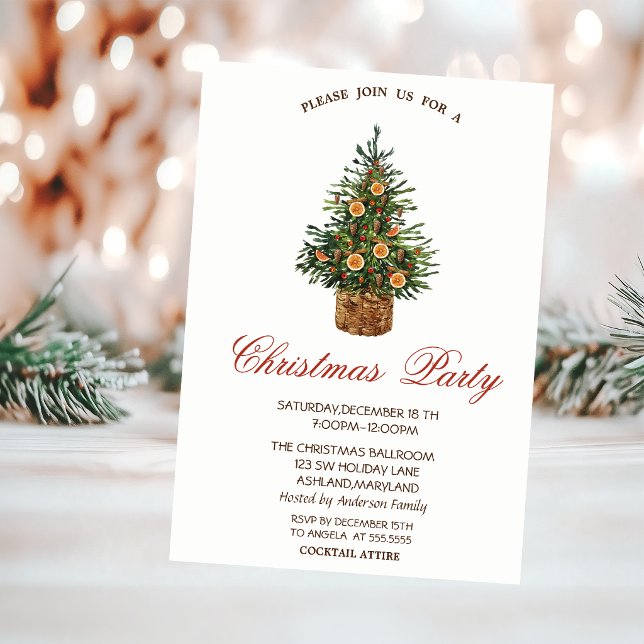 Christmas Pine Tree Orange Red Christmas Party Invitation (Creator Uploaded)