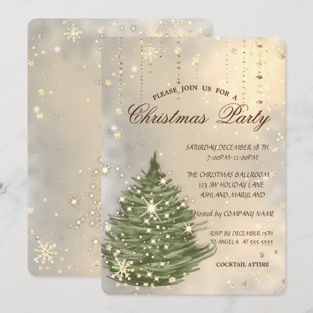  Christmas Pine Tree,Snowflakes Christmas Party Invitation (Front/Back)