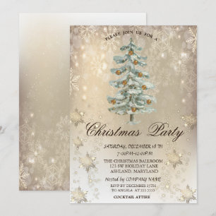Christmas Pine Tree Snowflakes Gold Party  Invitation